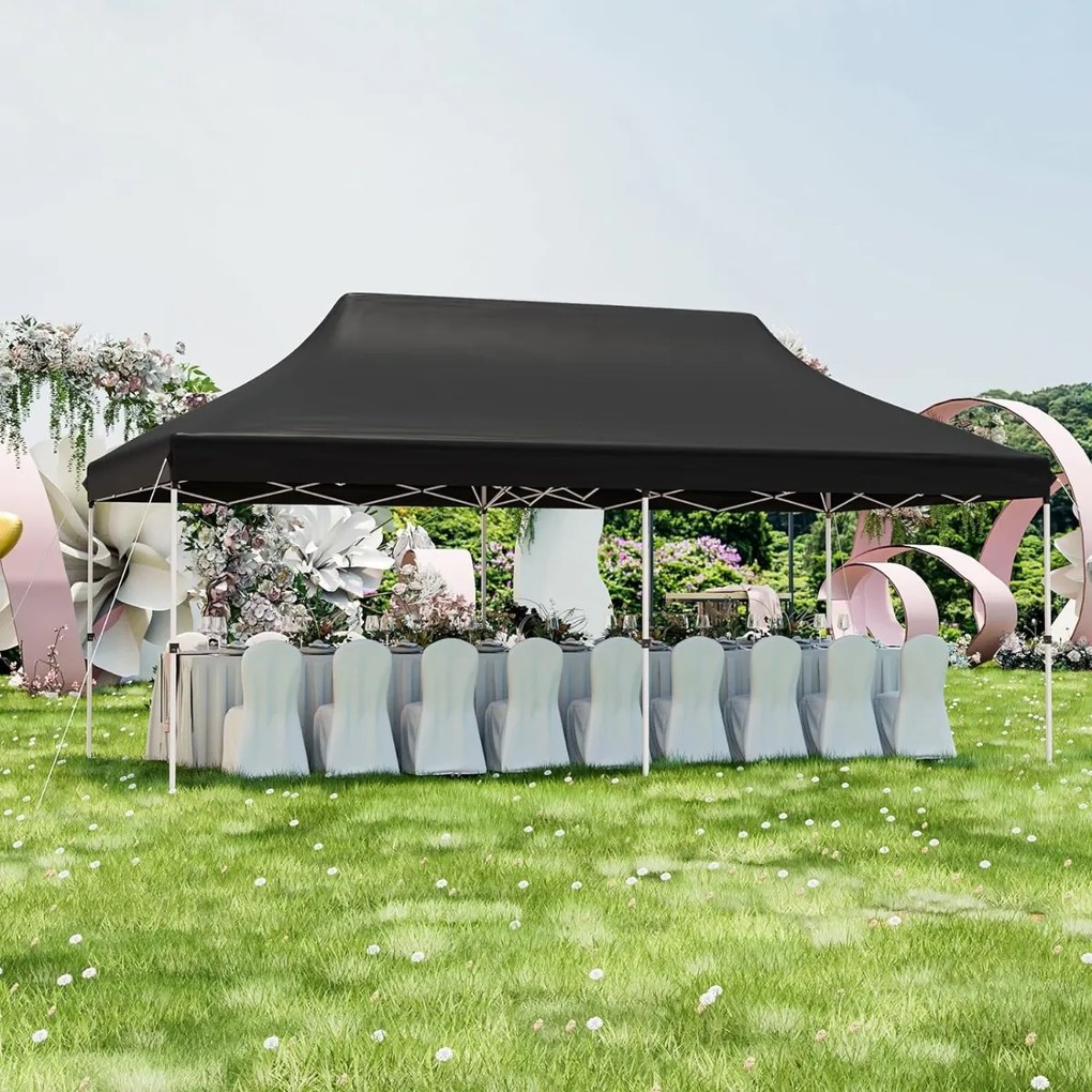 Tenda para festas dobrável impermeável de 300 x 600 cm com bolsa de transporte Proteção solar jardim preta