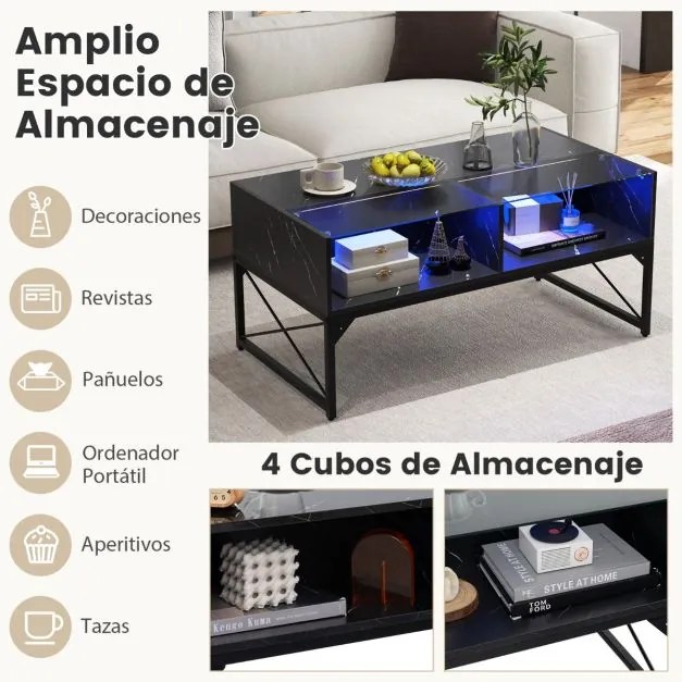 Mesa de centro com luzes LED de alto brilho com tampo de mármore sintético e tampo de vidro temperado com 4 cubos Preto