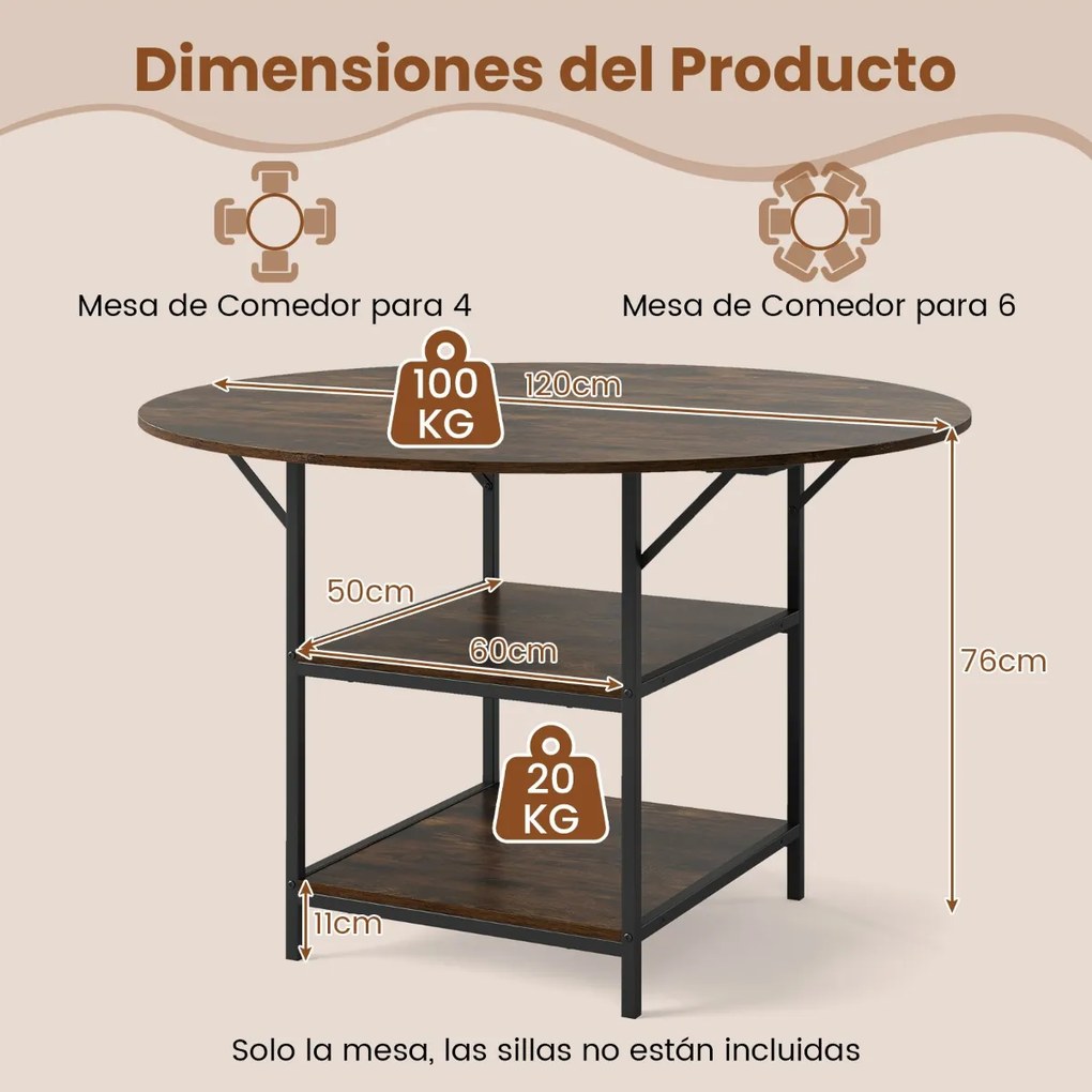 Mesa de Jantar Redonda 120 CM para 4-6 Pessoas de Cozinha Estilo Rústico com Estante Aberta de 2 Níveis Estrutura Metálica Castanha