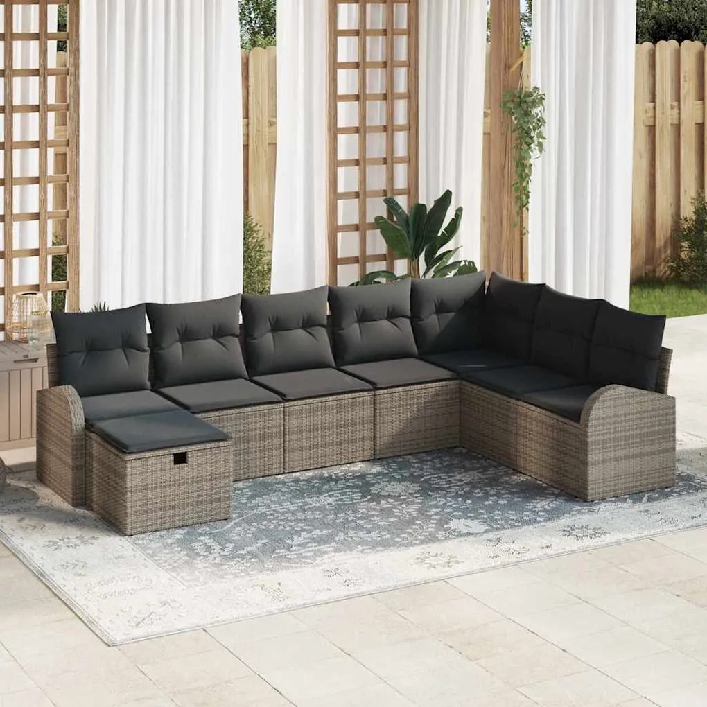 vidaXL Conjunto de Sofás de Jardim 8 Peças com Almofadas Cinzas, Rattan de Poliéster