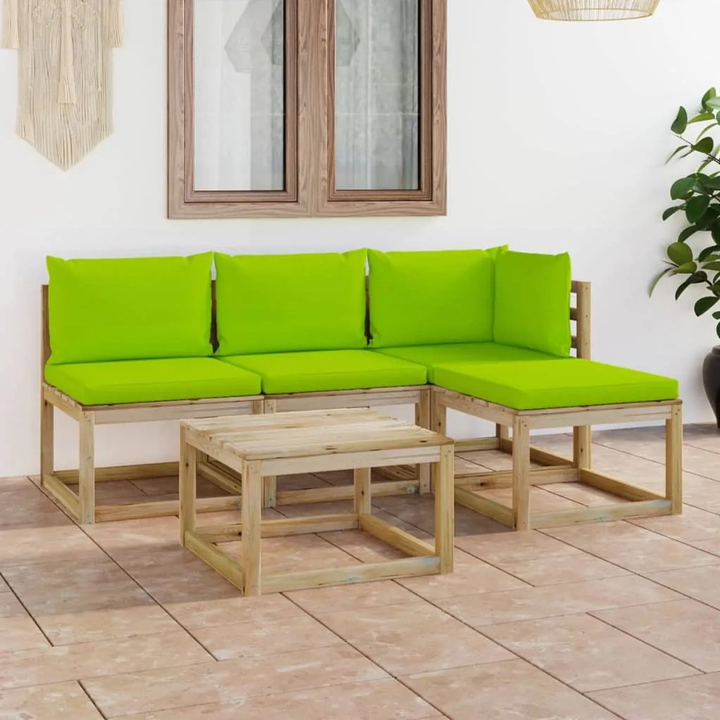 5 pcs conjunto lounge de jardim c/ almofadões verde brilhante