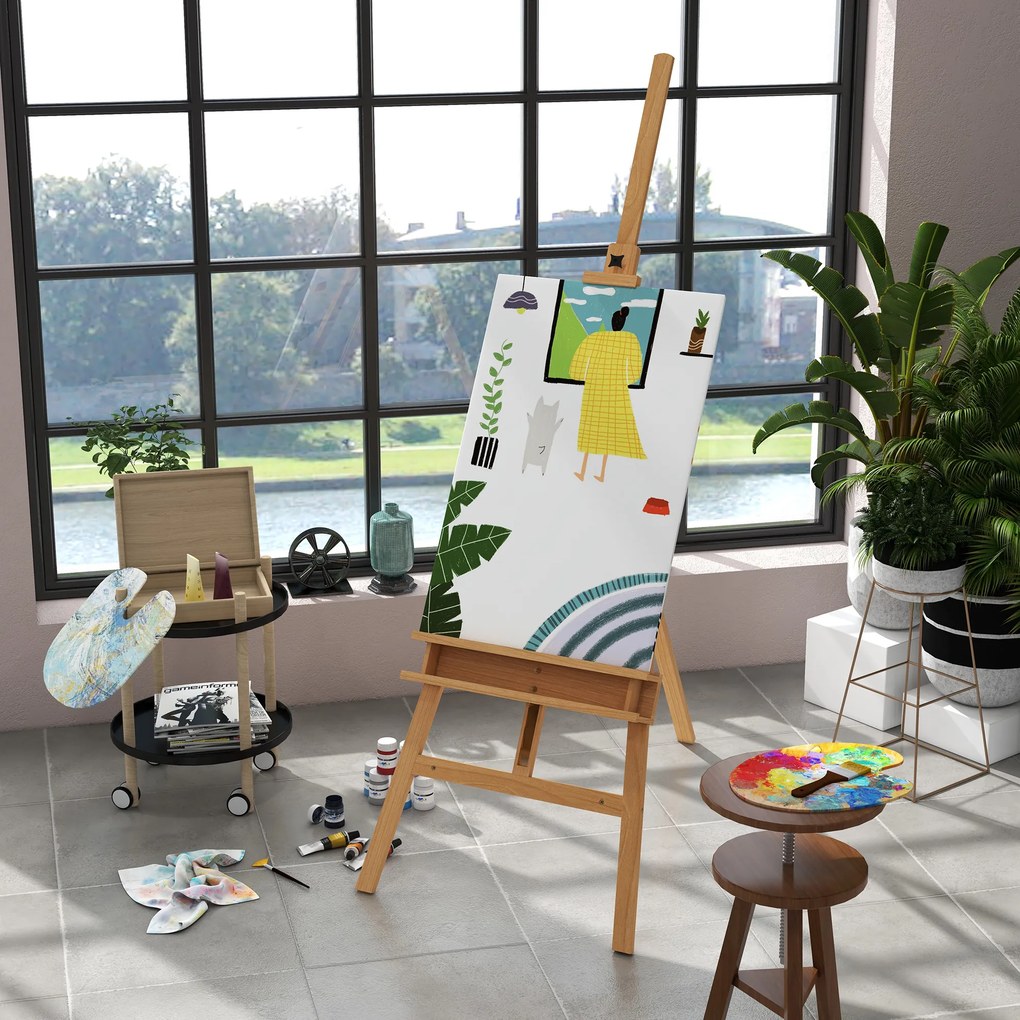 Cavalete de pintura dobrável em faia com altura e ângulo ajustáveis, 65x110x180-235 cm, madeira natural