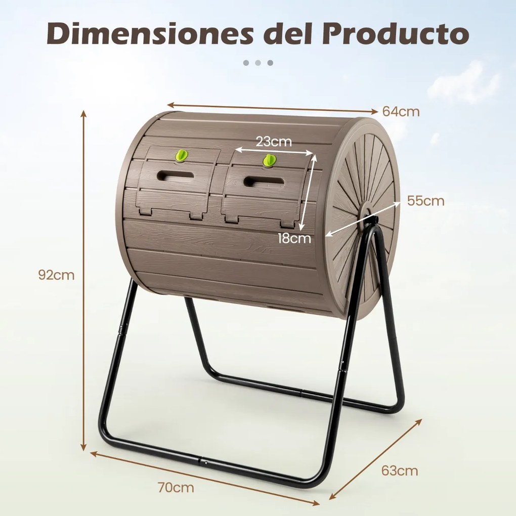 Compostor giratório para jardim com 142 L e câmara dupla, rotação eficiente de 360 graus, cor castanha