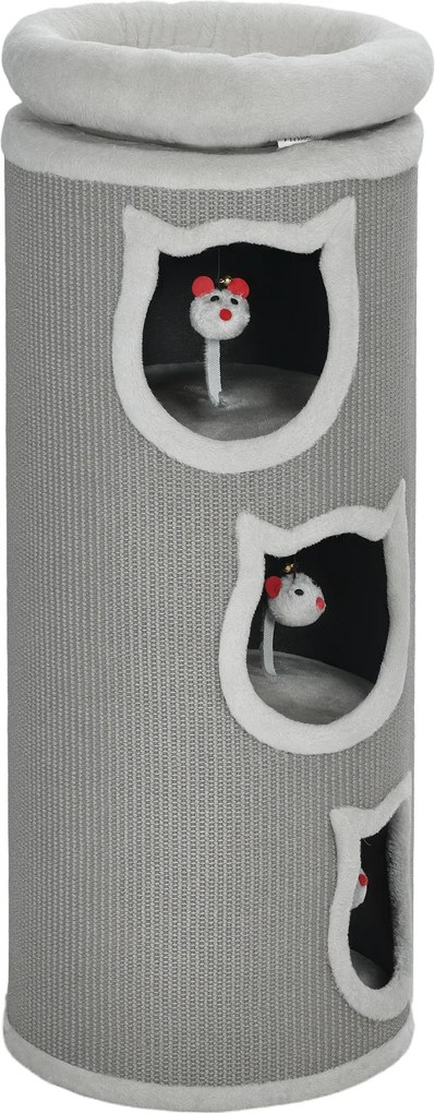 Barril Arranhador para Gatos, 38 x 38 x 96 cm, Três Níveis com Plataforma, Cinzento