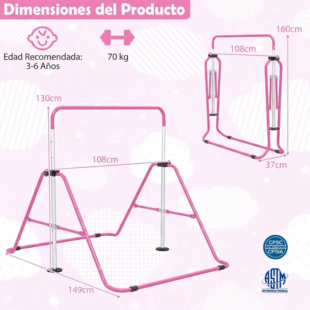 Barra de ginástica infantil dobrável, altura ajustável, base antiderrapante 3-12 anos, Rosa