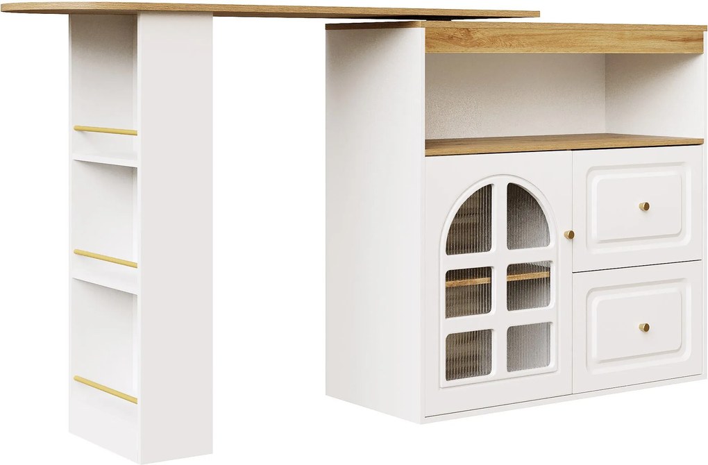 Mesa de Bar giratório 360°, com 2 gavetas, prateleira para snacks, vidro curvo, 138-204x39x104 cm, Branco