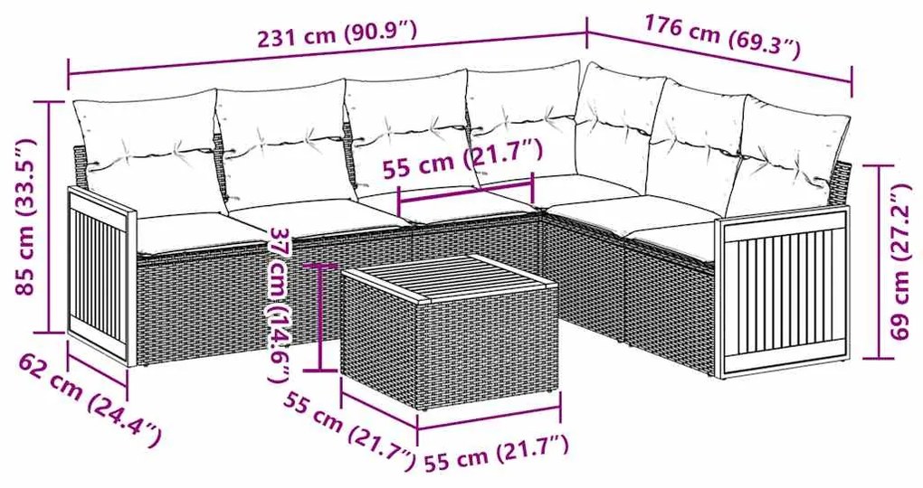 7 pcs conjunto de sofás p/ jardim c/ almofadões vime PE preto
