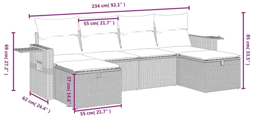 6 pcs conjunto sofás de jardim c/ almofadões vime PE preto