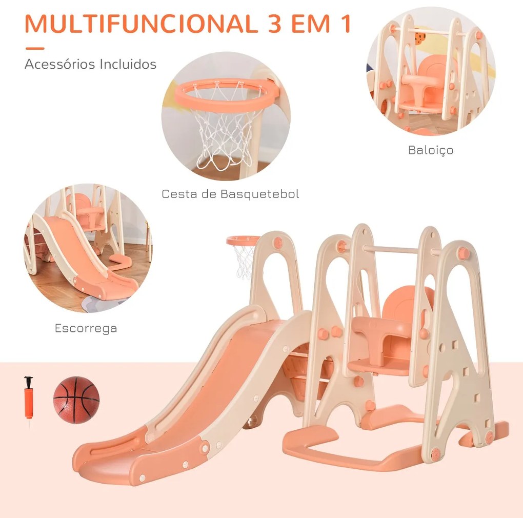 Baloiço e Escorrega para Crianças acima de 18 Meses Cesta de Basquetebol 3 em 1 com Assento Ajustável Parque Infantil Interior e Exterior 158x117x97cm Coral