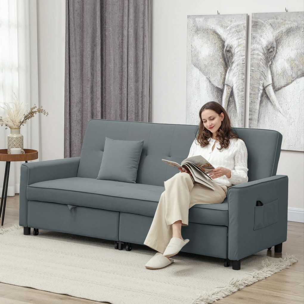 Sofá-cama de 3 lugares, reversível, com encosto ajustável e almofadas, 196 x 90 x 89 cm, cinzento