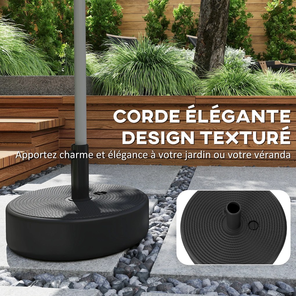 Base para guarda-sol Ø 45 x 30,5 cm de exterior. Pode ser enchida com até 19 kg de areia ou 15 kg de água, preta