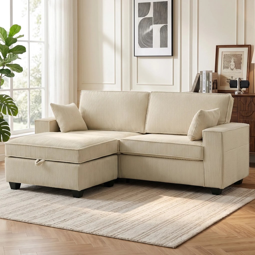 Sofá de 3 lugares 216x 151 x 94 cm com pufe com espaço de arrumação, sofá de canto em veludo canelado, assento largo, 2 almofadas, bege