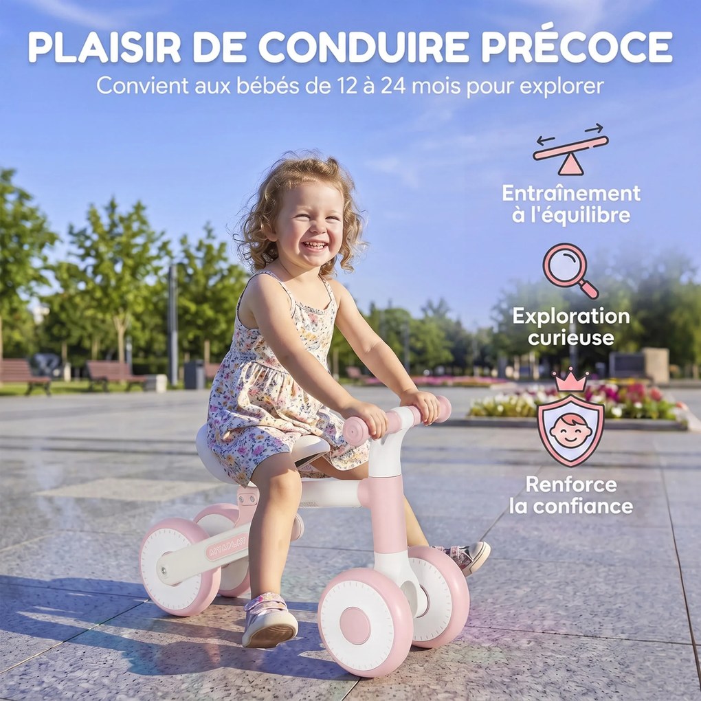 Bicicleta sem Pedais Dobrável para Bebé, 52 x 23 x 36,5 cm, Assento Ajustável, Cor-de-rosa