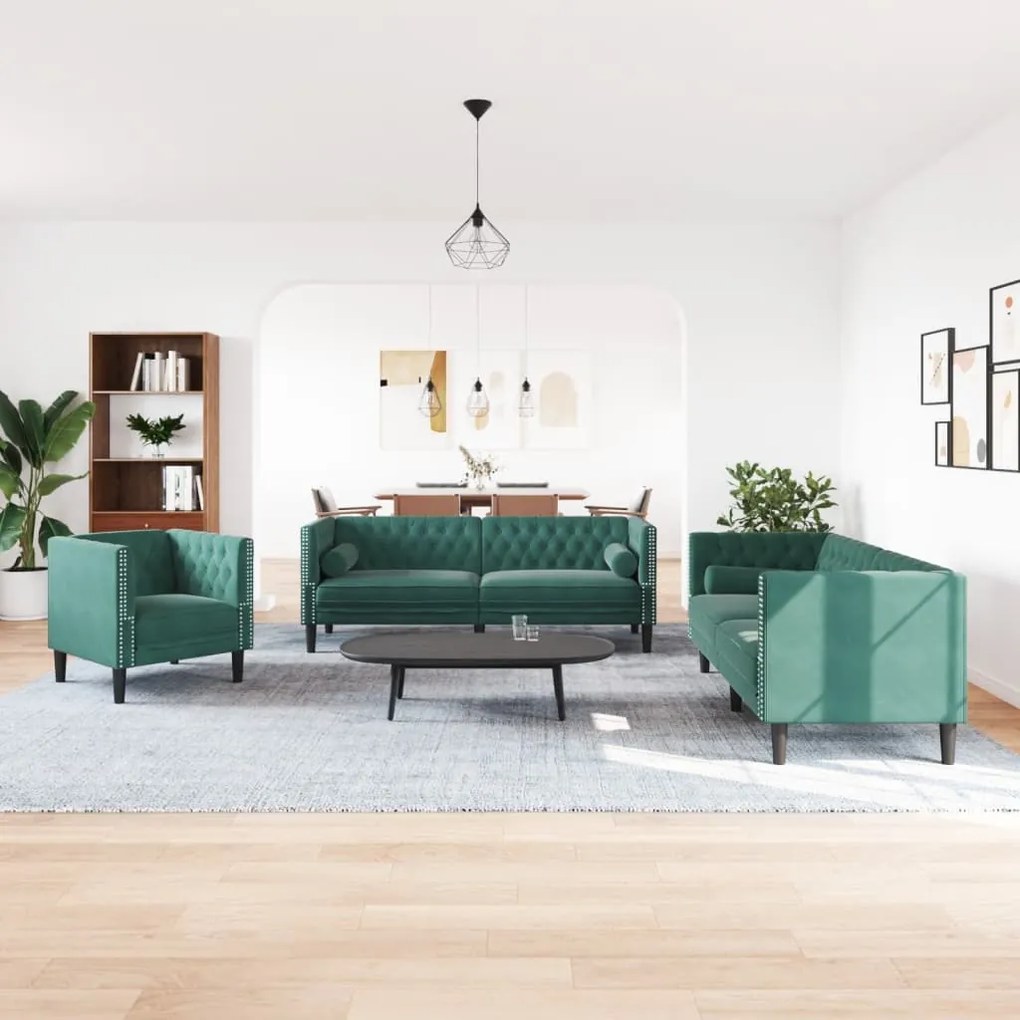 3 pcs conj. de sofás chesterfield com rolos veludo verde-escuro