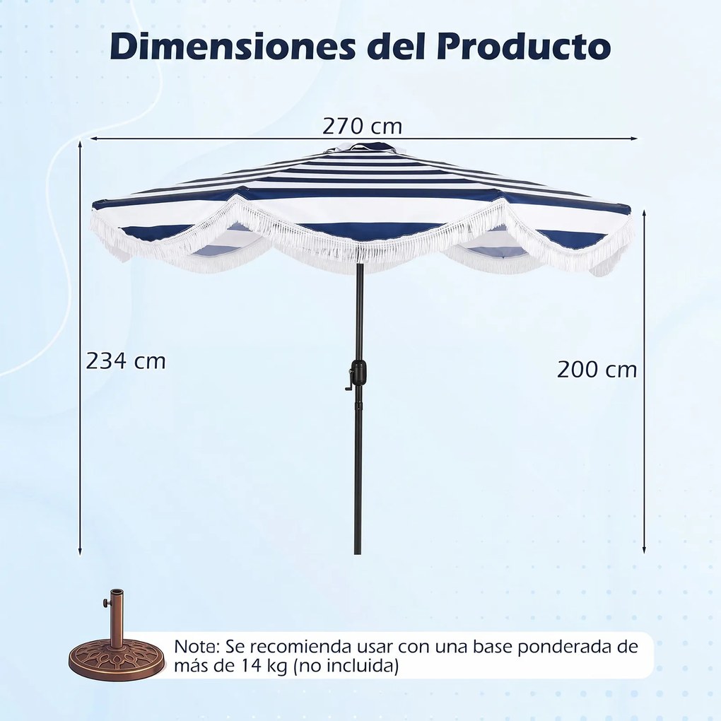 Guarda sol de Exterior com Franjas 270 x 234 cm (BASE NÃO INCLUIDA), Ângulo de Inclinação Ajustável, Azul e branco
