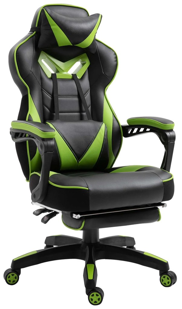 Vinsetto Cadeira de escritorio gaming ergonômica Altura ajustável  Reclinável  65x70x118,5-128,5 cm Verde e Preto