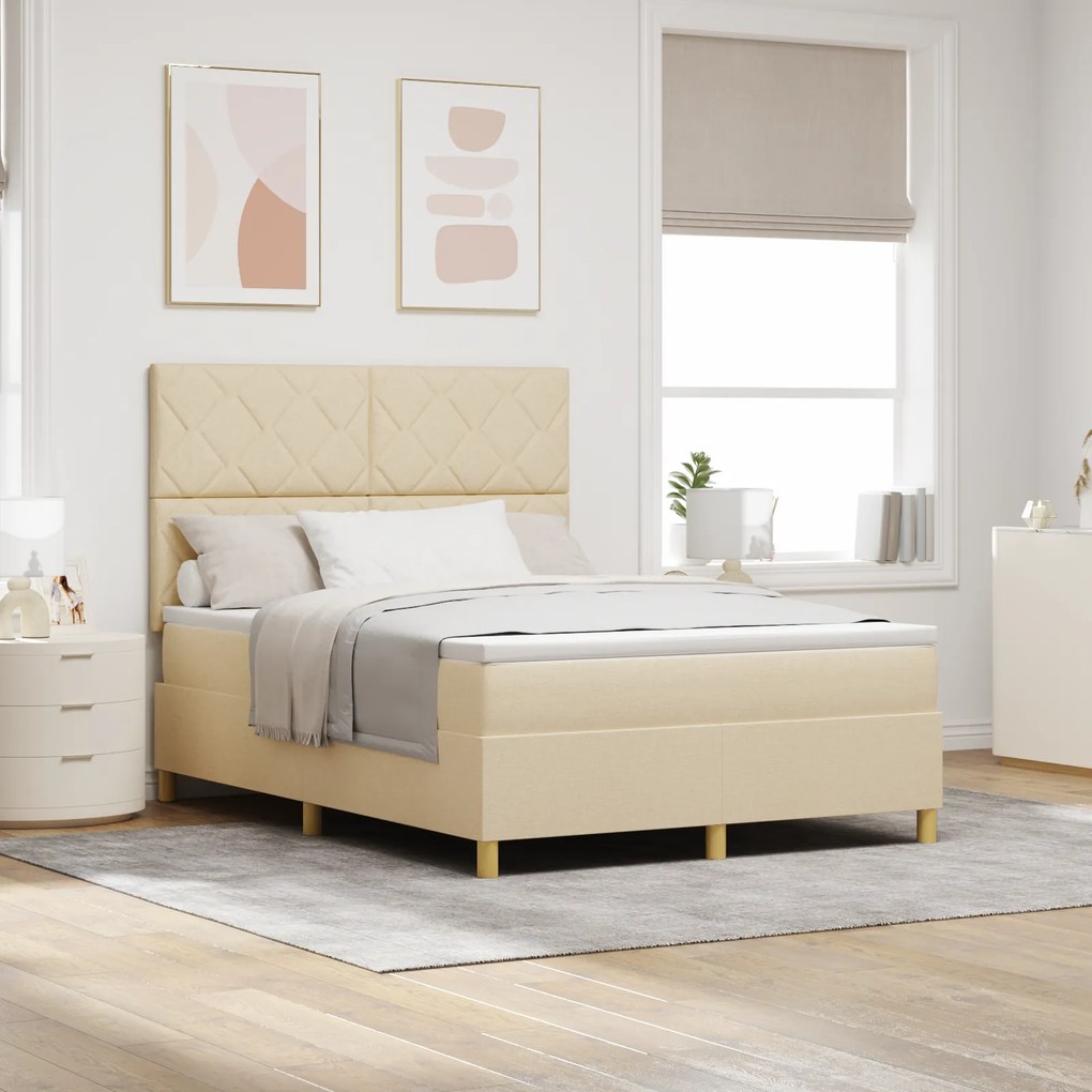 vidaXL Cama Box Spring com Colchão Creme 140x190 cm Tecido