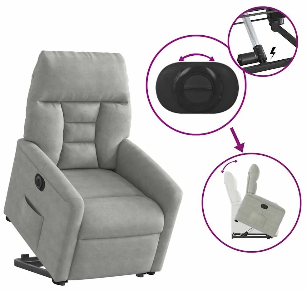 Poltrona reclinável elevatória elétrica microfibra cinza-claro