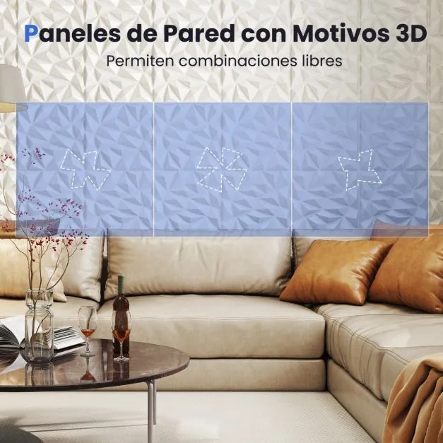 Conjunto de 40 painéis de parede 3D em forma de losango para sala de estar, quarto 50 x 50 x 4,5 cm branco