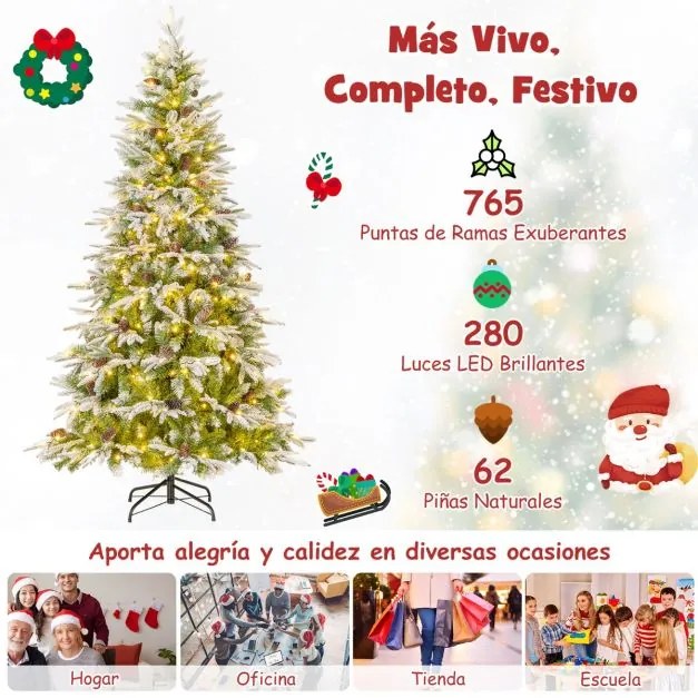 Árvore de Natal Artificial de 190 cm com 280 Luzes LED Neve Simulada 765 Ramos Articulados com 62 Pinhas Verde