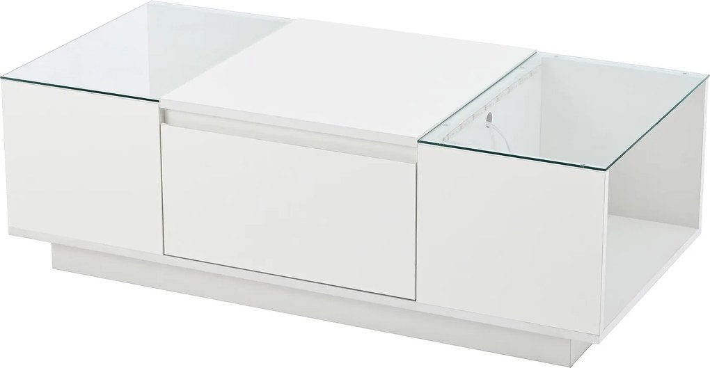 Mesa de centro com arrumação, iluminação LED ambiente, tampo de vidro e 2 gavetas, 105x50x35 cm, Branco