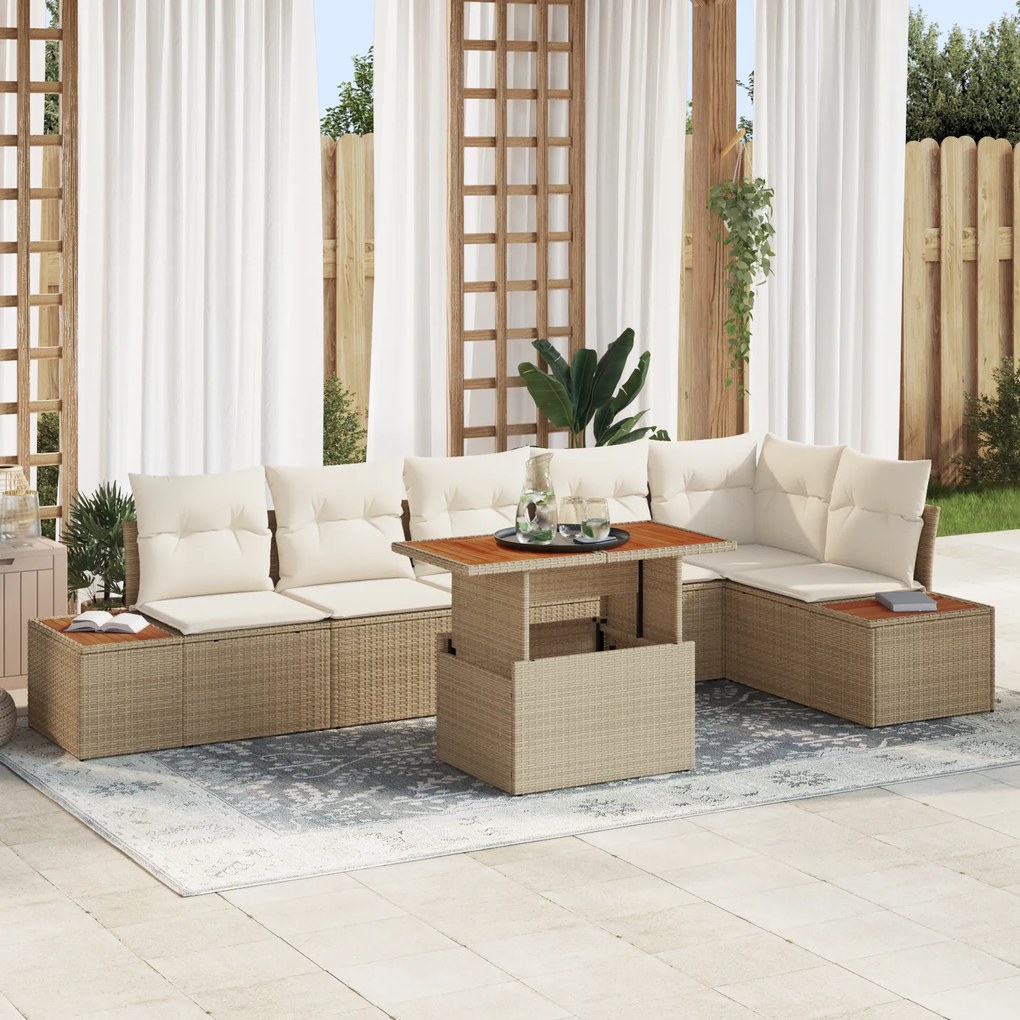 vidaXL Conjunto de Jantar de Jardim com 7 Peças e Almofadas Bege em Rattan Sintético e Acácia
