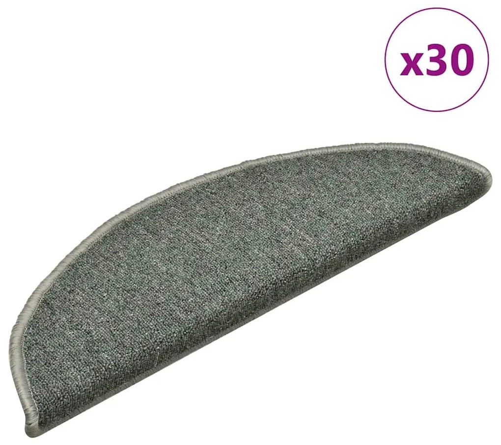 vidaXL Tapetes de escada 30 peças 56x17x3 cm verde escuro semicircular