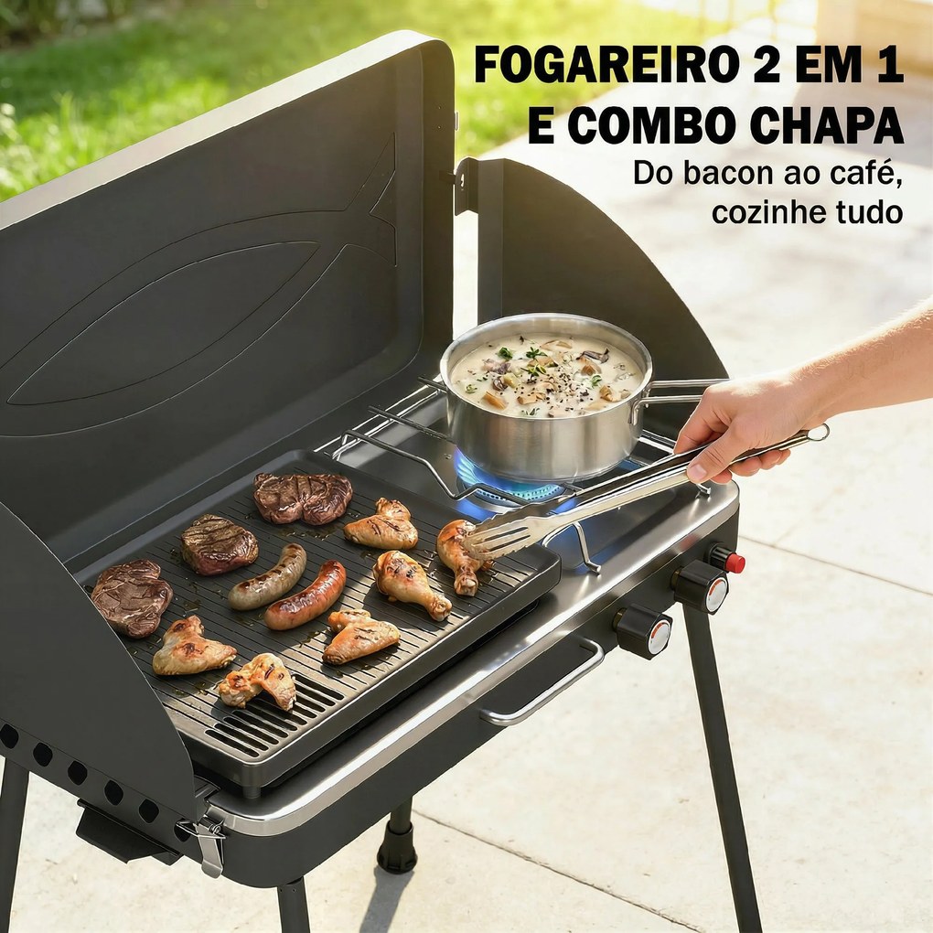 Grelhador a Gás Portátil 2 em 1 Barbecue a Gás Propano 20.000 BTU de Mesa ou de Pé 61x47x88 cm Preto