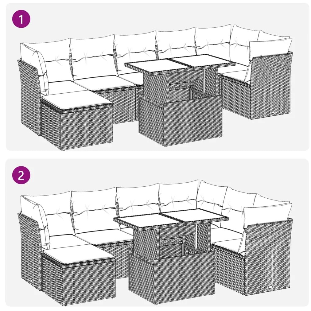 8 pcs conjunto de sofás p/ jardim com almofadões vime PE bege