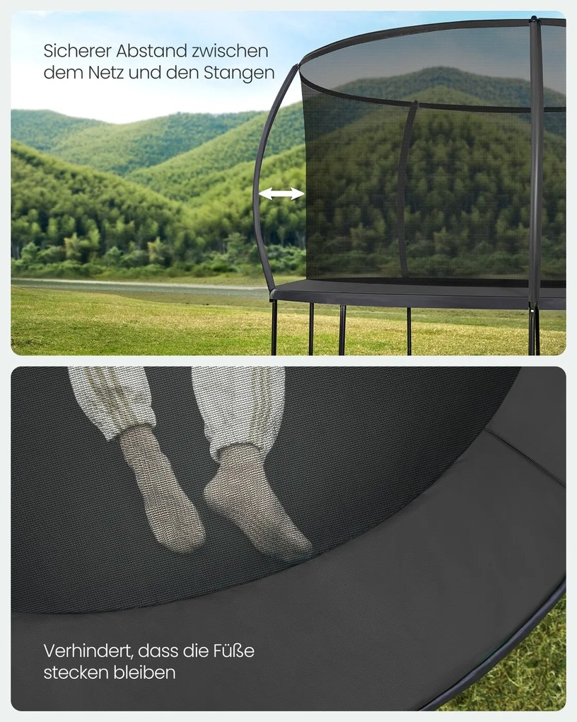 Trampolim de 427 cm de diâmetro com rede de segurança e varas curvas, preto