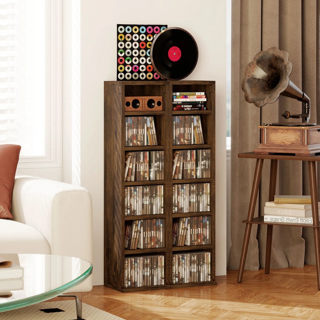 Conjunto de 2 estantes verticais para arrumação de CDs, com 12 compartimentos, 21 x 22,5 x 88,5 cm, capacidade para 204 CDs, castanho rústico
