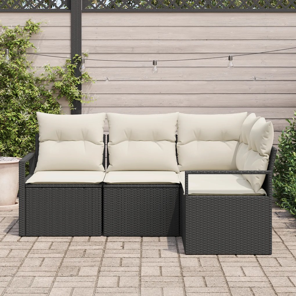 Conjunto de Sofá de Jardim vidaXL 4 Peças com Almofadas Preto Rattan P