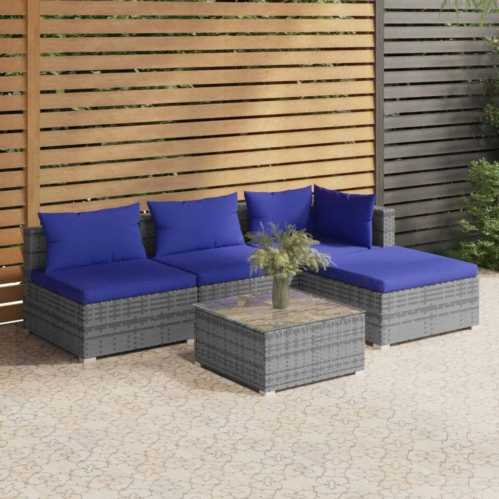 vidaXL 5 pcs conjunto lounge de jardim c/ almofadões vime PE cinzento