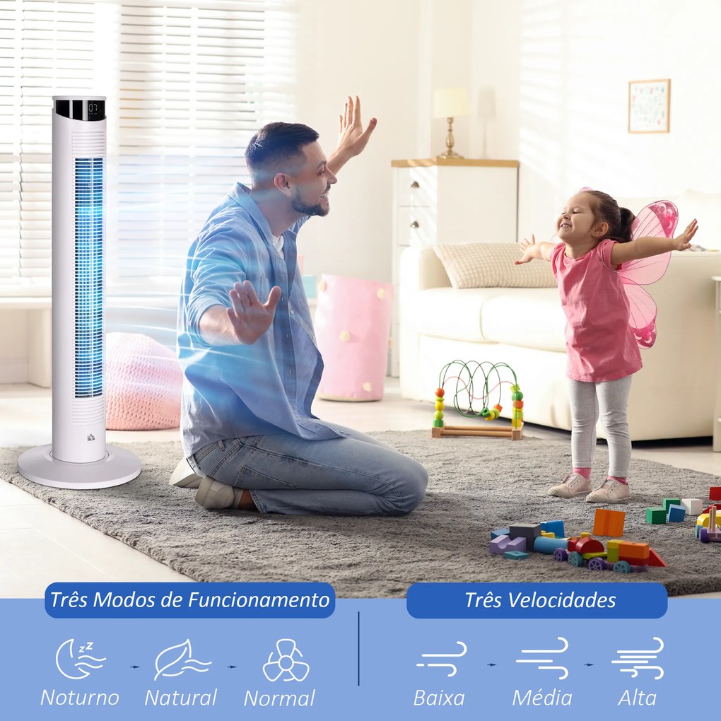 HOMCOM Ventoinha de Coluna Oscilante 45 W com Controlo Remoto Temporizador de 12h 3 Velocidades 3 Modos Ecrã LED e Alça de Transporte para Dormitório Ø31,5x93 cm Branco