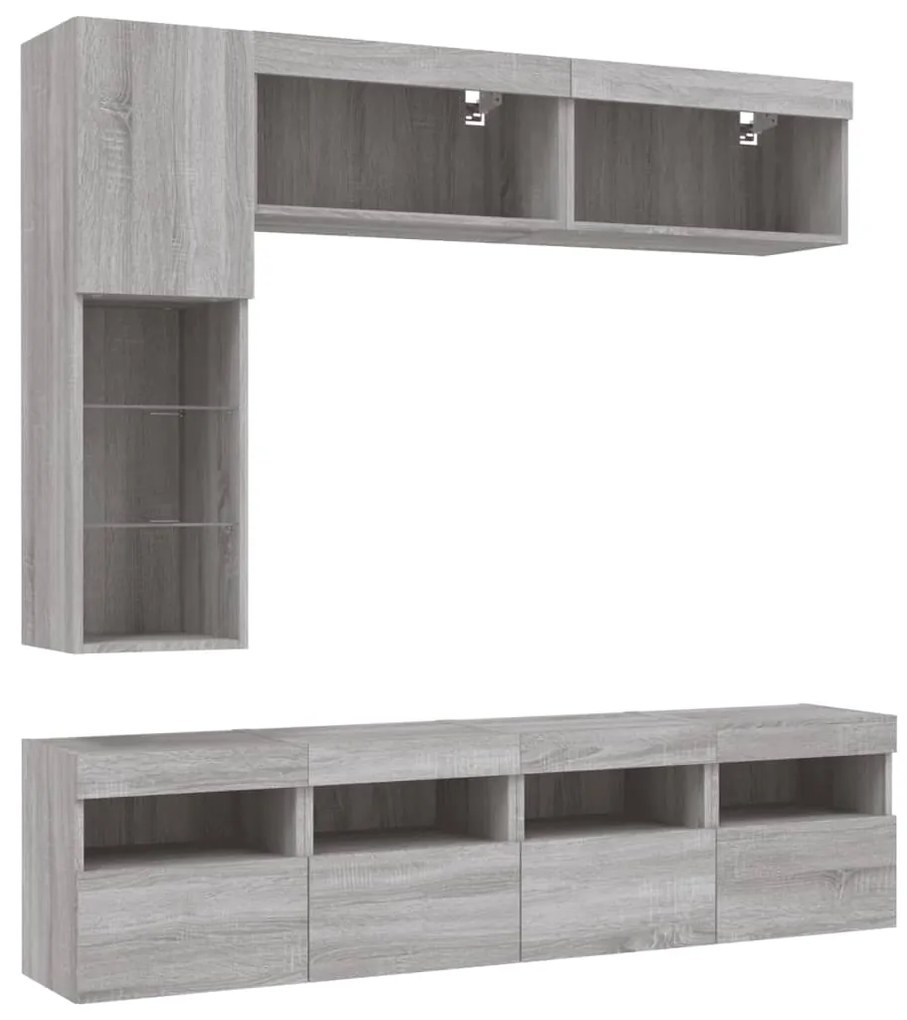 7 pcs conj. móveis de parede p/ TV c/ luzes LED cinzento sonoma