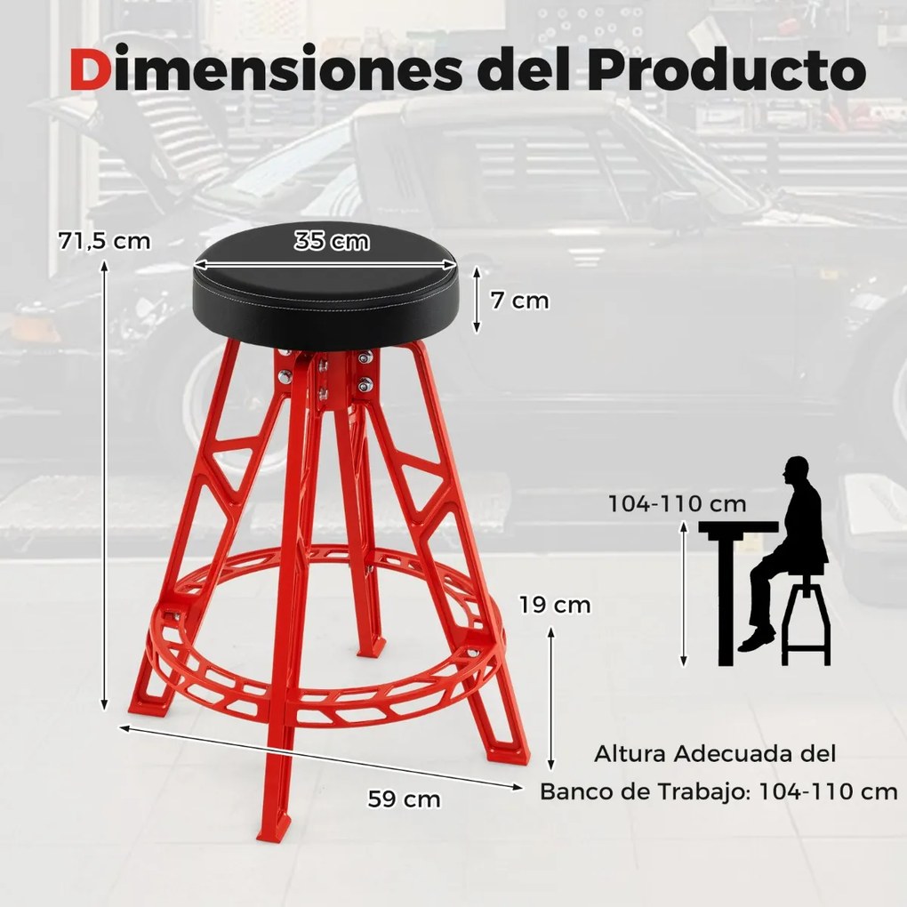 Banco Mecânico Alto de Alumínio com Assento Giratório de 360° Acolchoado com Apoio para os Pés para Oficina Vermelho