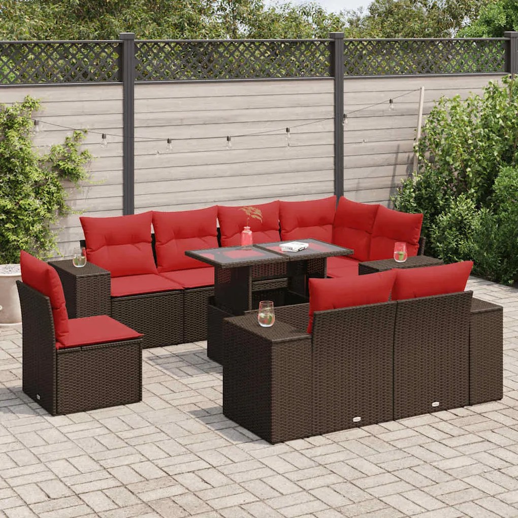 vidaXL 9 pcs conj. sofás jardim c/ almofadões vime PE/acácia castanho