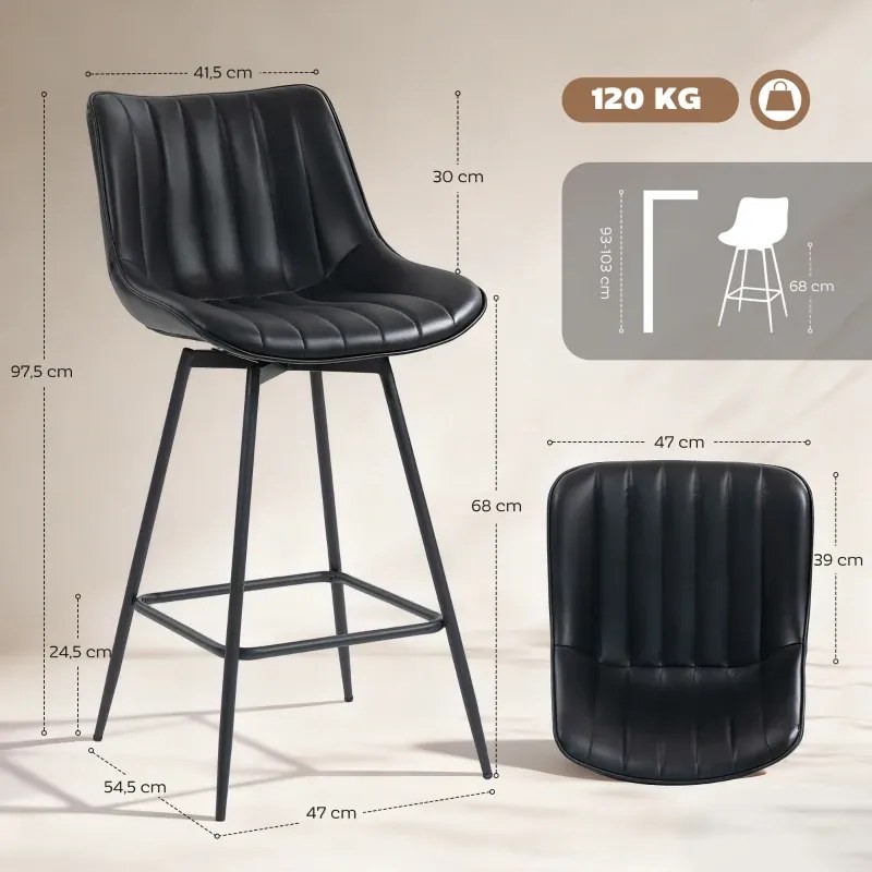 Conjunto de 2 Bancos de Bar Giratórios com Encosto Curvado e Apoio para os Pés Estofados em PU 47x54,5x97,5 cm Preto