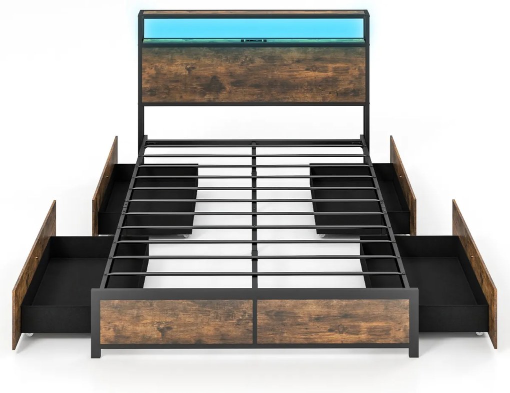 Estrutura de cama de casal 140 x 200 cm em metal (COLCHÃO NÃO INCLUIDO) Cabeceira com luz LED RGB 4 Ligação USB  gavetas de arrumação Castanha
