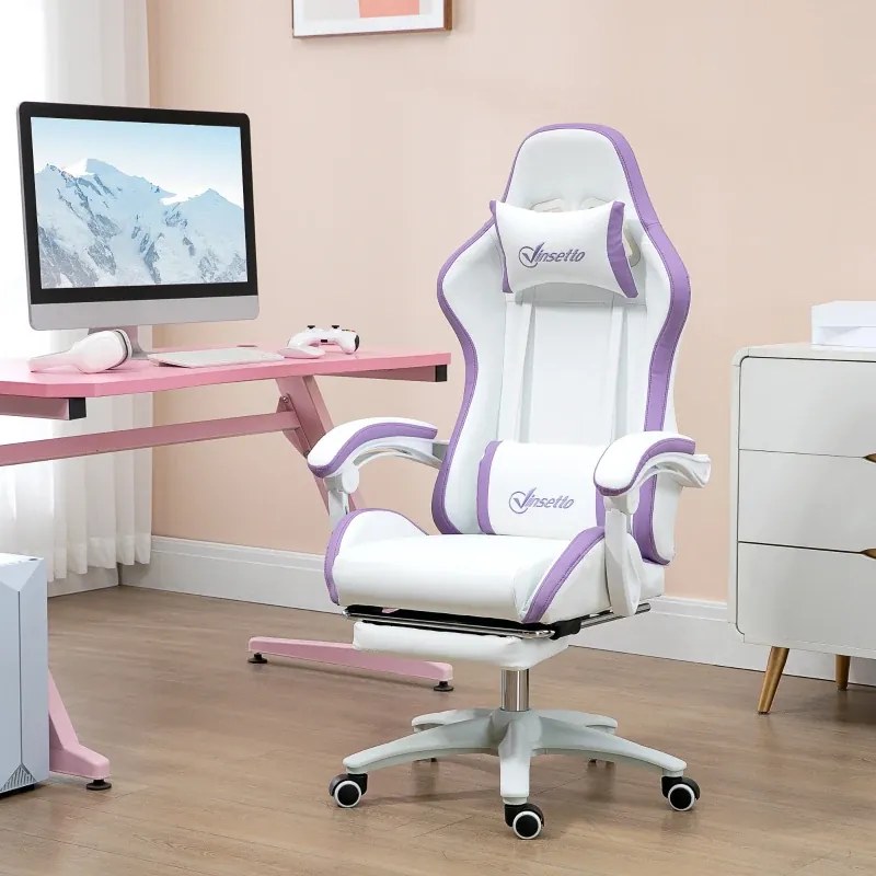 Cadeira Gaming de Couro PU com Altura Ajustável Reclinável 135° e Apoio para os Pés Retrátil 65x65x121-129 cm Branco e Roxo