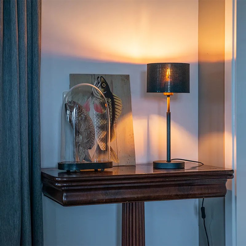 Candeeiro de mesa moderno com abajur em tecido preto e dourado - VT 1