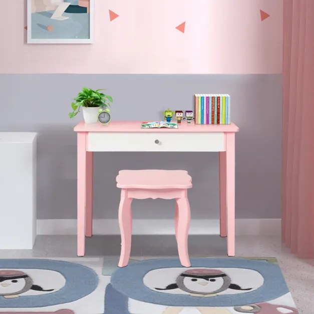 Conjunto de toucador e cadeira infantil Mesa de maquiagem com espelho de três partes e banco de mesa removível 2 em 1 Rosa