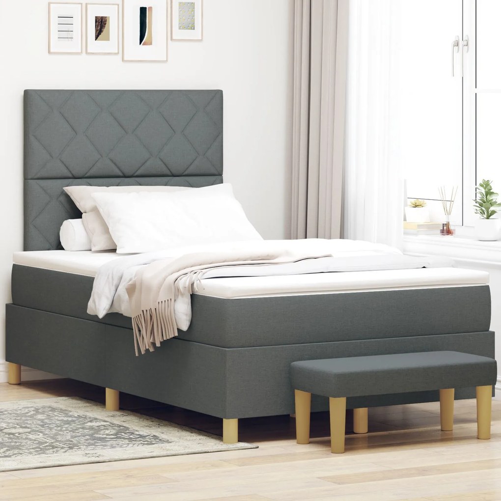 Cama Box Spring com Colchão e Banco Cinza Escuro 120x200 cm Tecido