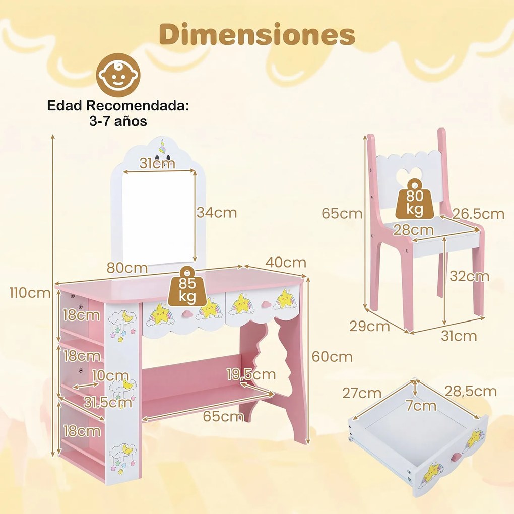 Conjunto de Toucador Infantil com Banco, 80 x 40 x 110 cm, Design 2 em 1, Cor-de-rosa