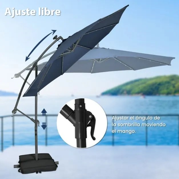 Guarda-sol de 3m com pega 32 luzes LED Painel solar com base de saco de areia pátio jardim piscina Azul