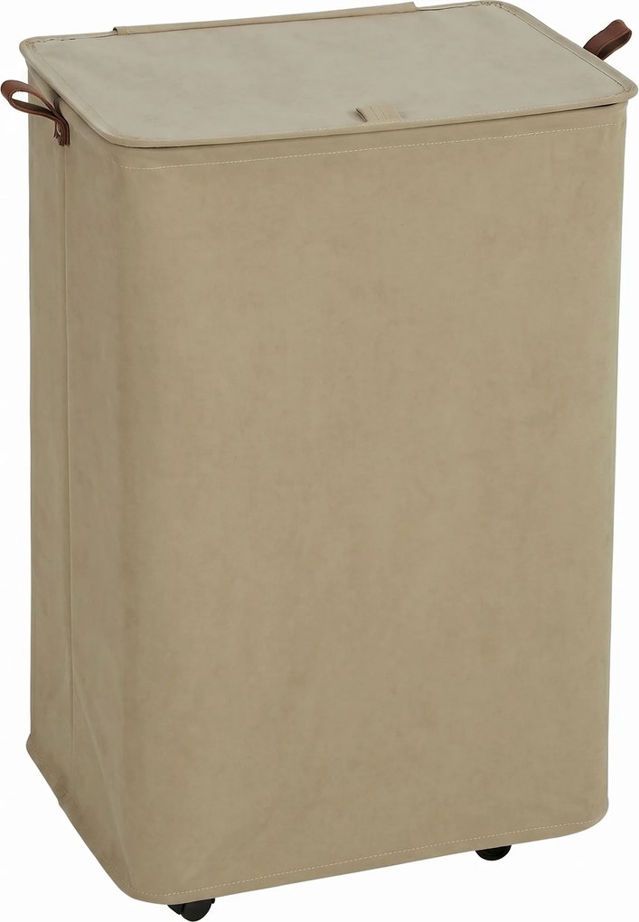 Cesto de Roupa Suja com Tampa e Rodas, 50L, Dobrável com Bolsa com Cordão Removível, 40x30x65 cm, Castanho