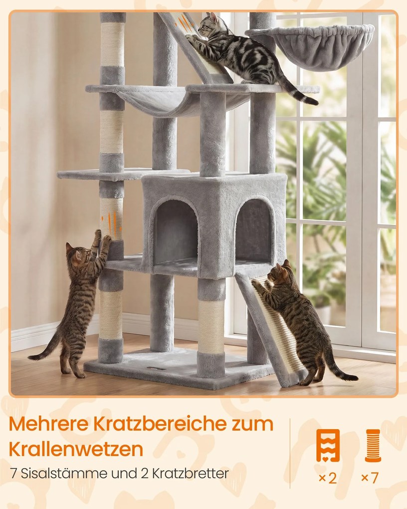 Arrranhador para gatos Grande 55 x 45 x 206 cm com placas para arranhar e sisal, 55 x 45 x 206 cm cinzento claro