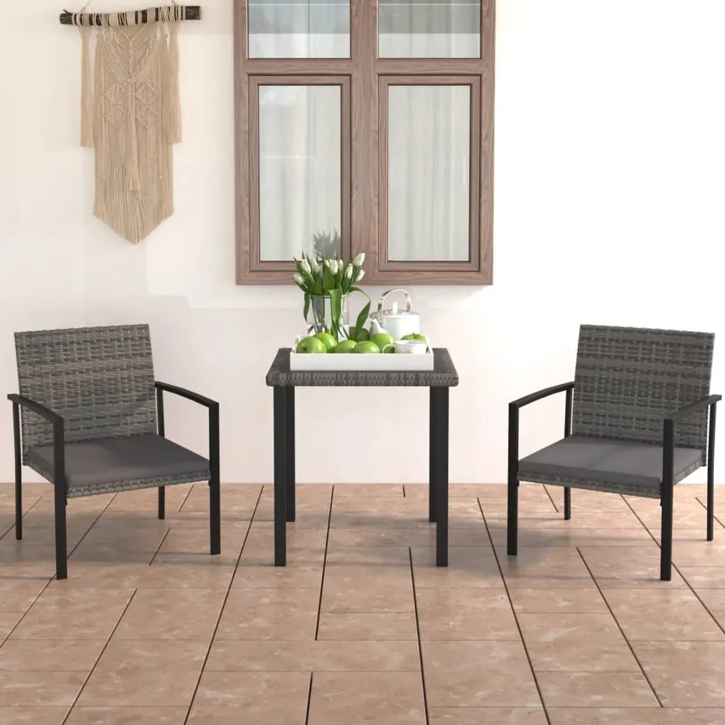 vidaXL 3 pcs conjunto de jantar para jardim vime PE cinzento