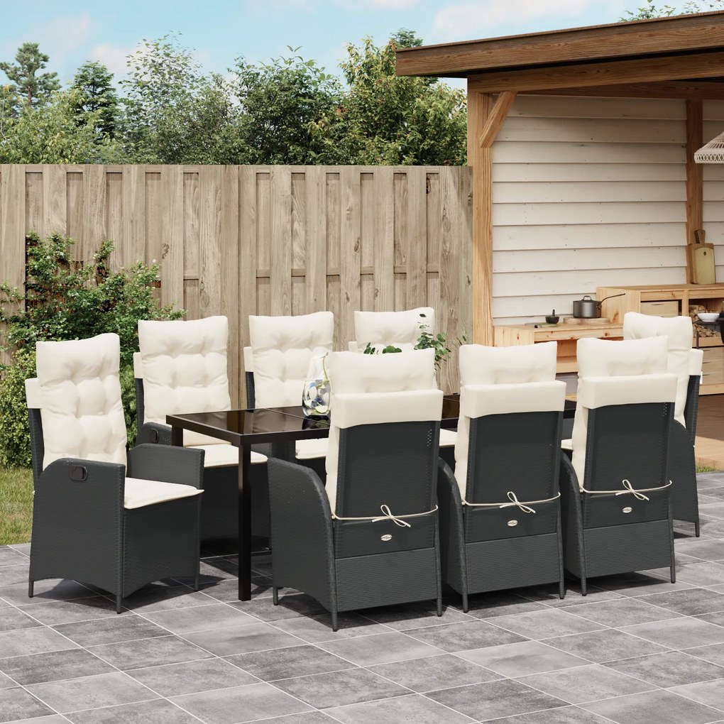 Conjunto de Jantar de Jardim com Almofadas 9 Peças Preto Rattan Poliés