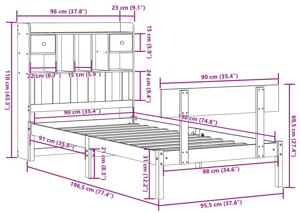 Cama com estante sem colchão 90x190 cm pinho maciço branco